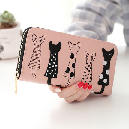 nouvelle femmes portefeuilles femme porte-cartes mignon dessin animé chats en cuir portefeuille porte-monnaie filles pochette portefeuille long à fermeture à glissière: pink