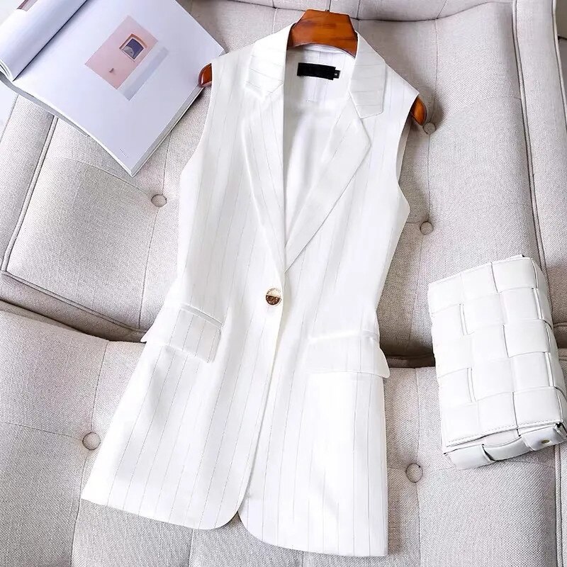Gilet mi-long à rayures pour femmes, veste de costume coréen, sans manches, col, collection printemps-automne