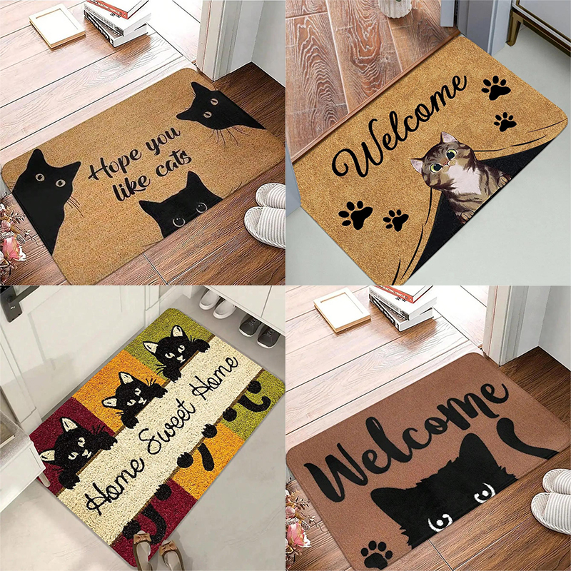 Alfombrilla antideslizante con patrón de gato para puerta de entrada, Felpudo de bienvenida para baño y cocina, alfombra lavable para dormitorio, decoración del hogar, alfombra pequeña