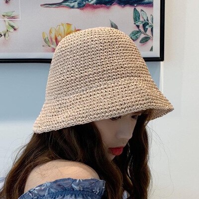 Dame strandhætte foldbar floppy bredkant stråhat håndlavet hæklet solhætter sommer spand hatte til kvinder: Khaki