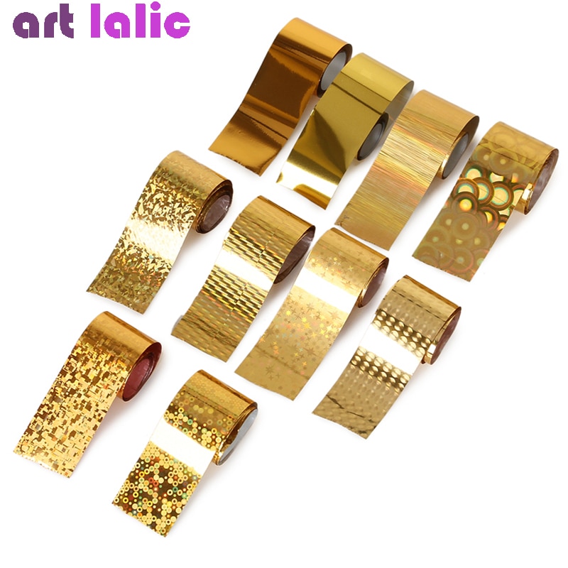 10 Rolls/Doos Holografische Nail Art Folie Set Charm Gradiënt Gold Transfer Wraps Sticker Diy Manicure Decals