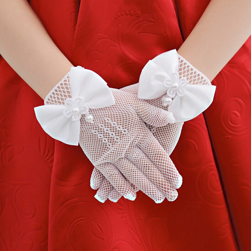 Girls Lace Pearl Gloves Kids Mesh Bow Party Gloves Supplies Birthday Ceremony Coronation Princess Accessories Mittens