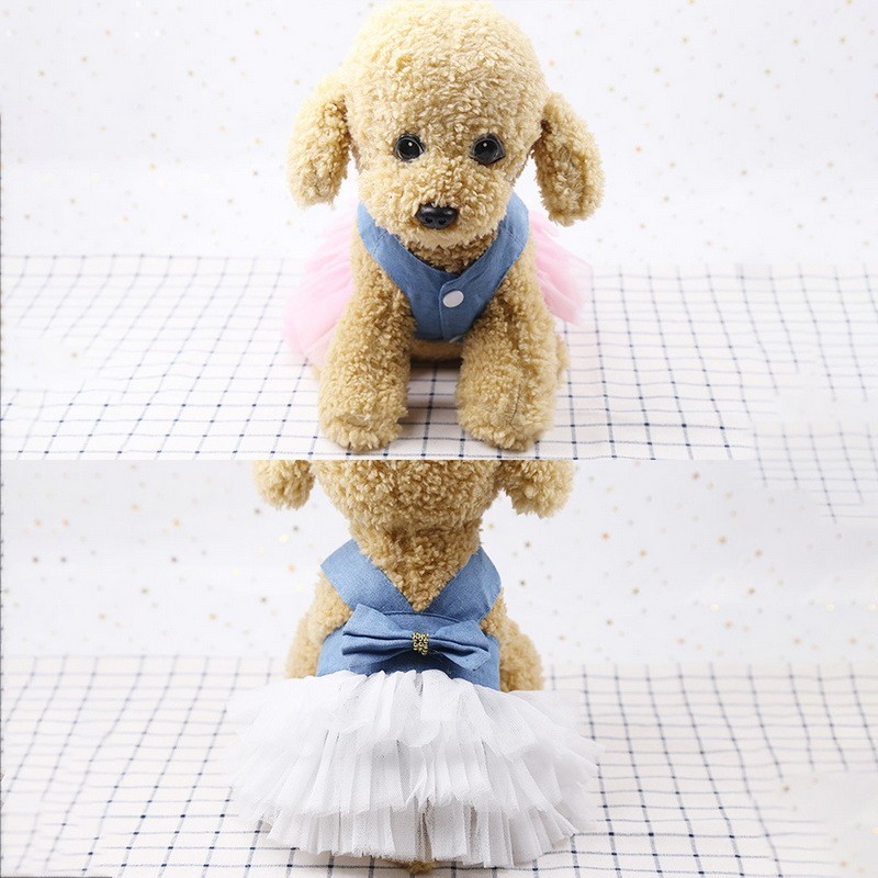 Roze Hond Rok Boog-knoop Prinses Denim Jurk Hond Kleren Trouwjurk Huisdier Zomer Kleding