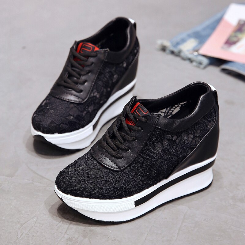 Rea sommar spets andas sneakers dam skor bekväma casual kvinna plattform wedge skor: Svart / 35