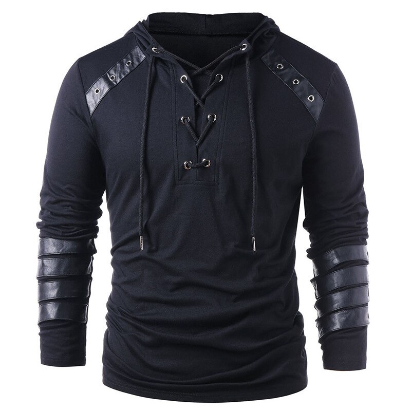 Hommes Renaissance médiévale Grooms Pirate reconstitution gn Costume laçage chemise Vintage haut à bandes moyen âge vêtements: Black / 2XL