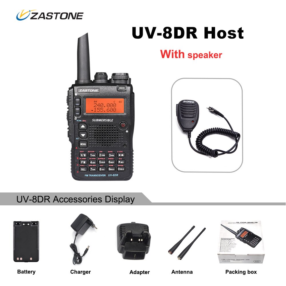Walkie-talkie Zastone UV-8DR VHF/UHF 136-174MHz 240-260MHz 400-520MHz 128-MHz, Radio bidirectionnelle à trois bandes CH UV8DR: Whit speaker