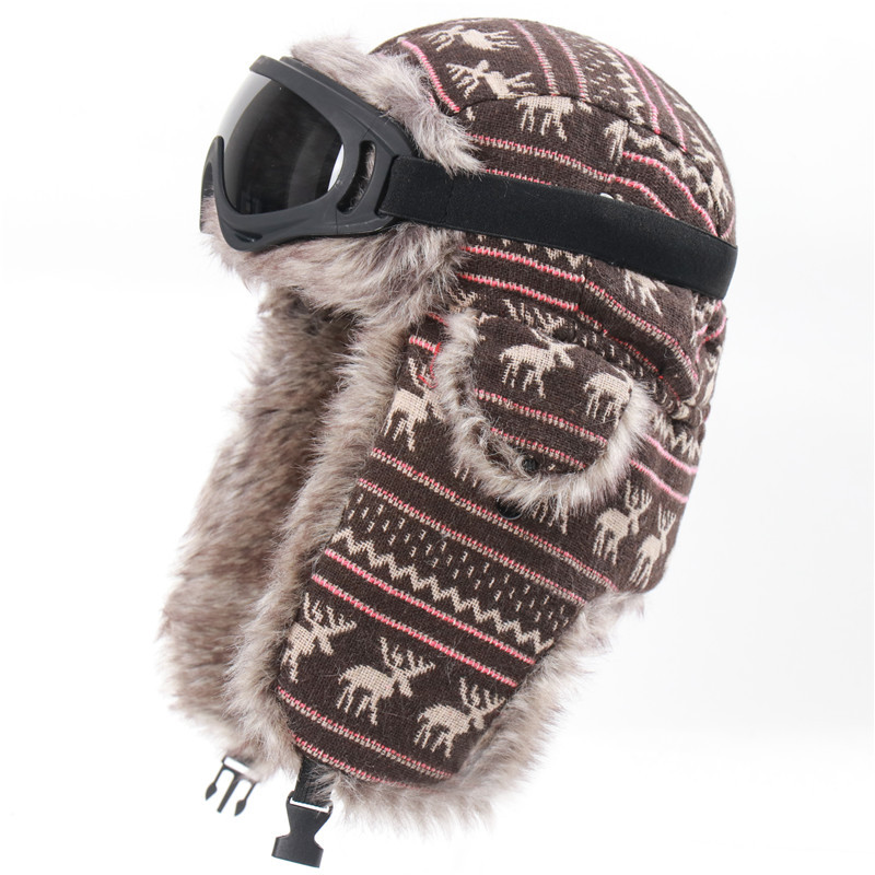 Gorra de esquí a prueba de viento para hombre y mujer, casco de vuelo con orejeras gruesas, ciervo de Navidad, más gorro cálido de terciopelo con gafas, Invierno