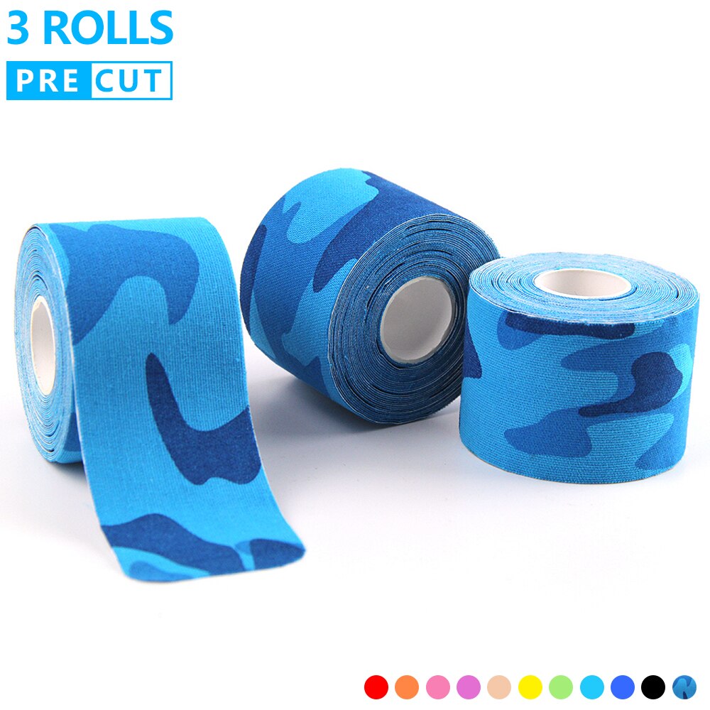 3 Rolls Precut Kinesiology Tape Elastic Adhesive Muscle Bandage Cotton Waterproof Sports Physio Cure Injury Support Tape 5cm*5m: Blue Cam