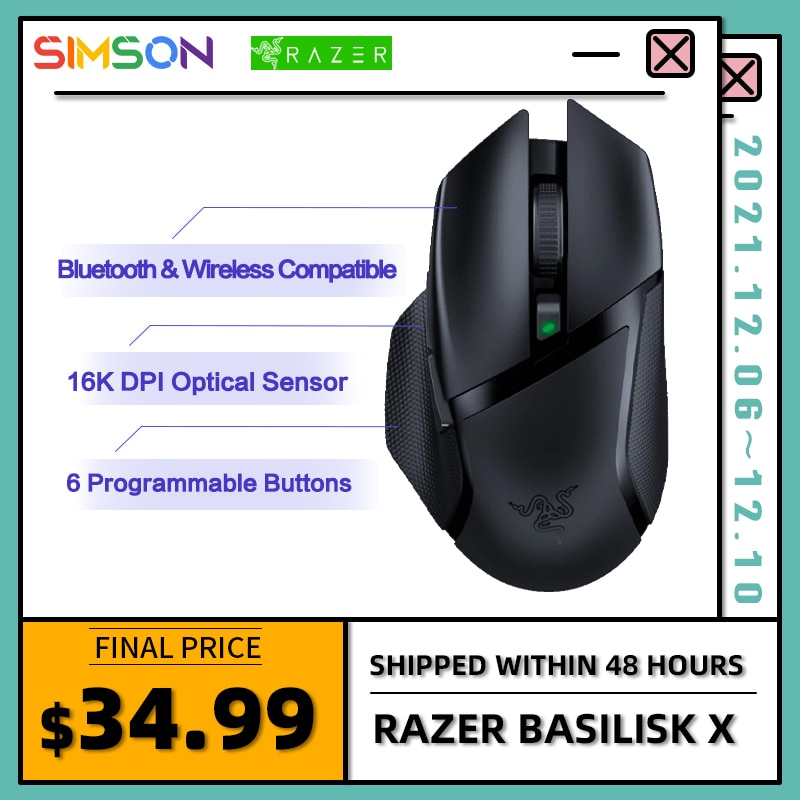 Razer Basilisk X Draadloze Gaming Muis Hyperspeed Bluetooth En Draadloze 16K Dpi Optische Sensor 6 Programmeerbare Knoppen Zwart