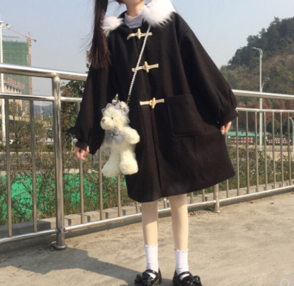 Koreańnarty styl Harajuku słodki zimowy ciepły płaszcz śliczny kawaii księżniczka temperament płaszcz żeńnarty czarny długi płaszcz lolita cos loli