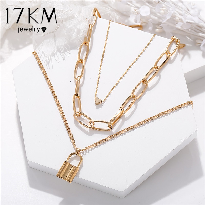 17KM collares de cadena multicapa Vintage para mujer, collar con colgante de llave de corazón de oro , de joyas de a la