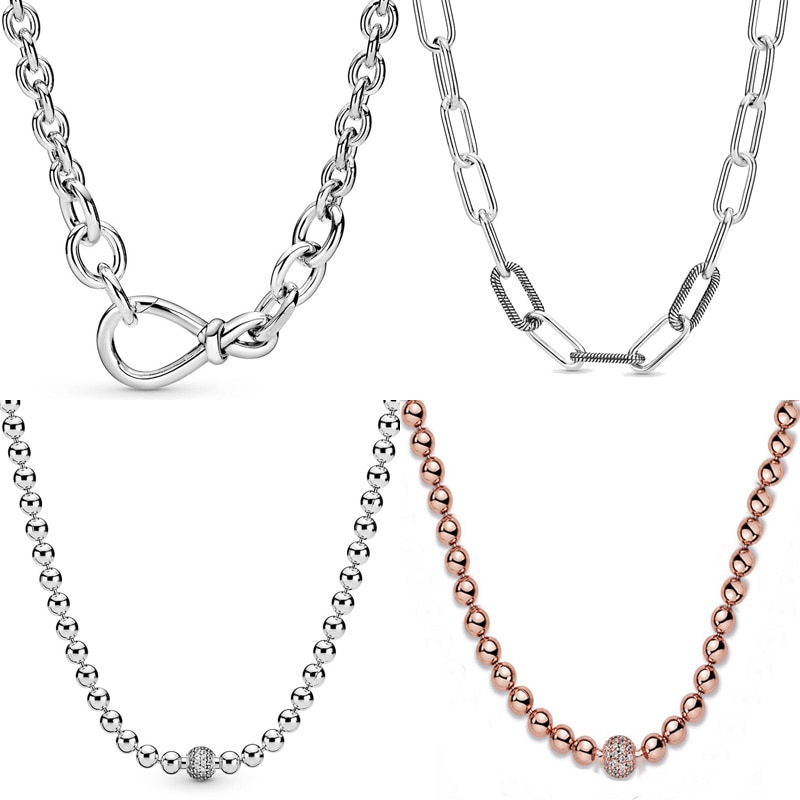 Original Chunky Unendlichkeit Knoten Perlen Schiebe Mich Link Schlange Kette Halskette Für 925 Sterling Silber Perle Charme DIY Schmuck