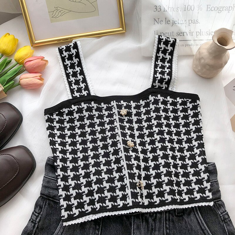 Oudea – débardeur à bretelles en pied-de-poule pour femme, haut court décontracté avec boutons en perles, Vintage, boîte Picto Edge, été: style 1 black