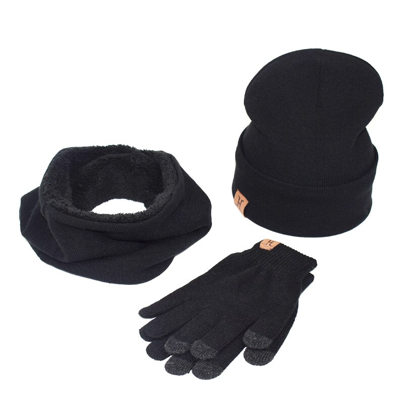 Et sæt mænd kvinder vinter hatte tørklæder handsker bomuld strikket hat tørklæde sæt til mandlige kvindelige vinter tilbehør 3 stykker hat tørklæde: Sort