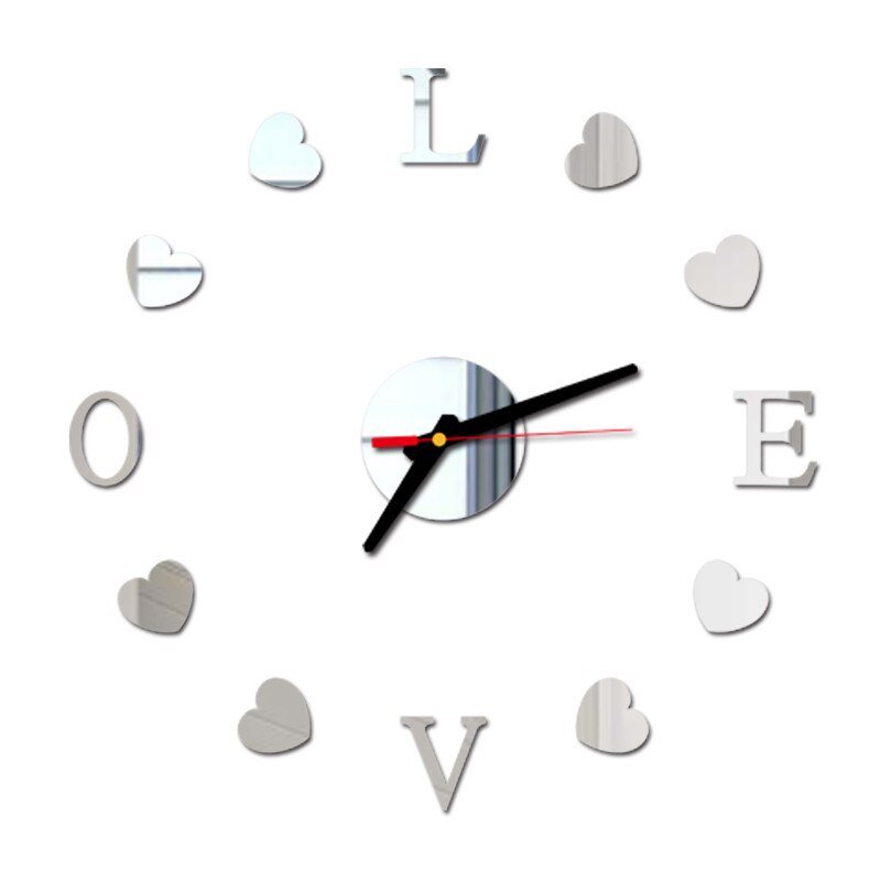 LOVE AND HEART Wall Clock 3D DIY Acrylic Mirror Stickers Clock Watch Living Room Bedroom Home Decor Large Silent Elreloj Mural: Silver