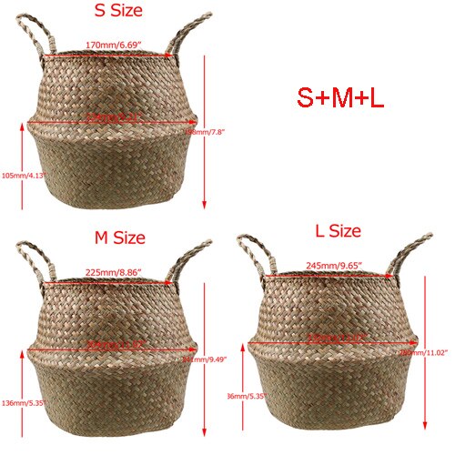 Seagrass Wickerwork Basket Foldable Flower Pots Planter Woven Dirty Laundry Baskets Hamper Fruit Toys Storage Basket Home Decor: S and M and L
