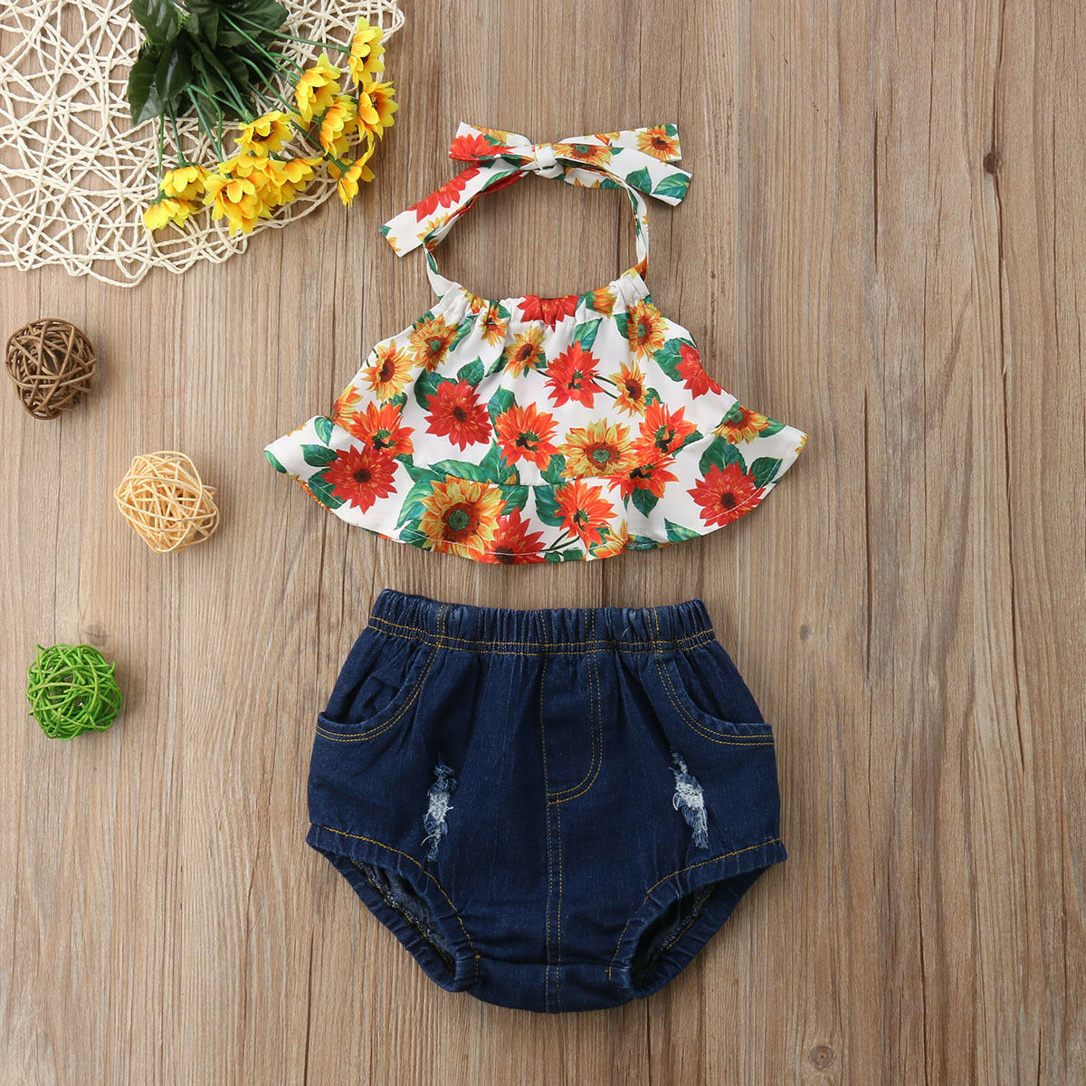 Sommar 2 st baby flickor solros toppar klänning shorts byxor outfits kläder set