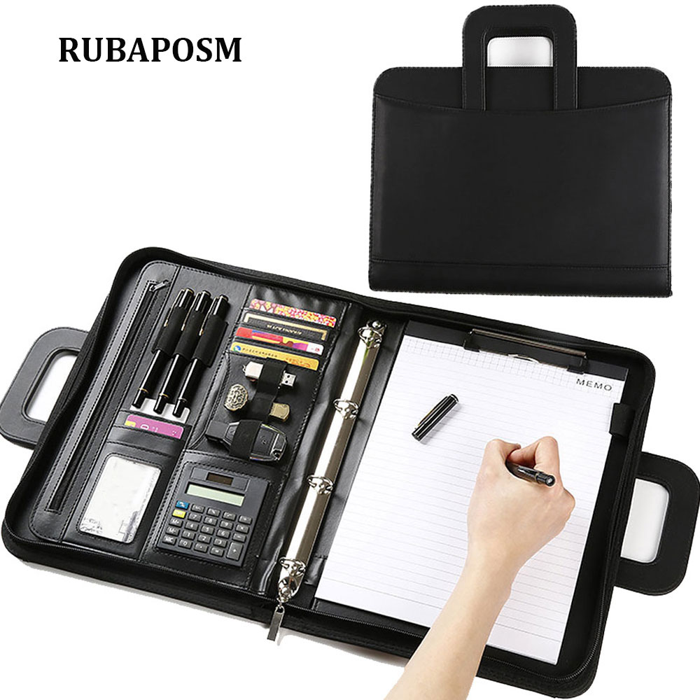 Portafolio de negocios A4 con mango retráctil, carpeta de cuero Pu, archivador con calculadora con cremallera, organizador de Notbook