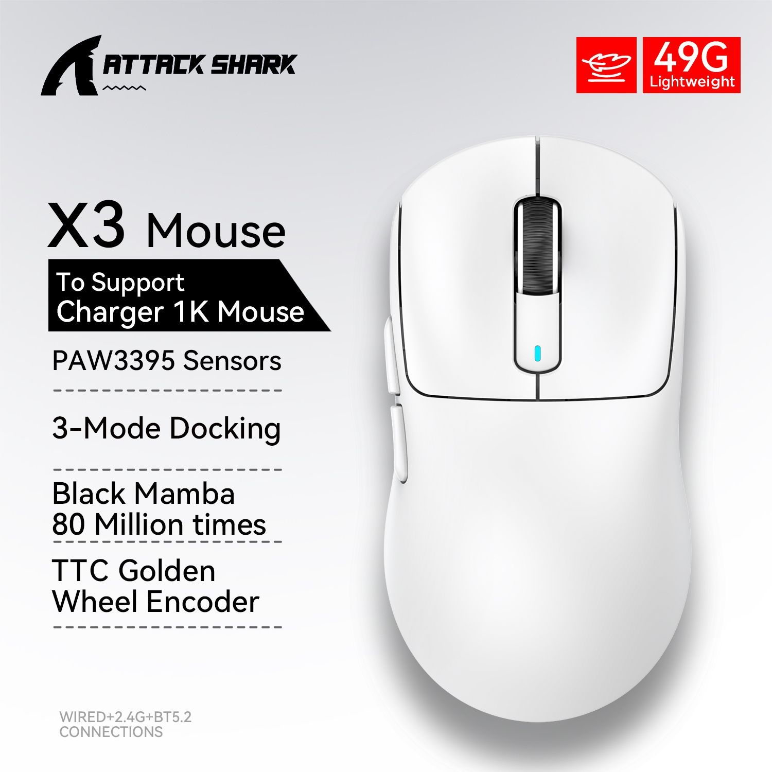 Attack shark  x3/x3 pro langaton pelihiiri, paw 3395 26k dpi, kolmitilayhteys, kevyt, sopii windowsille/macille/kannettavalle tietokoneelle: Valkoinen