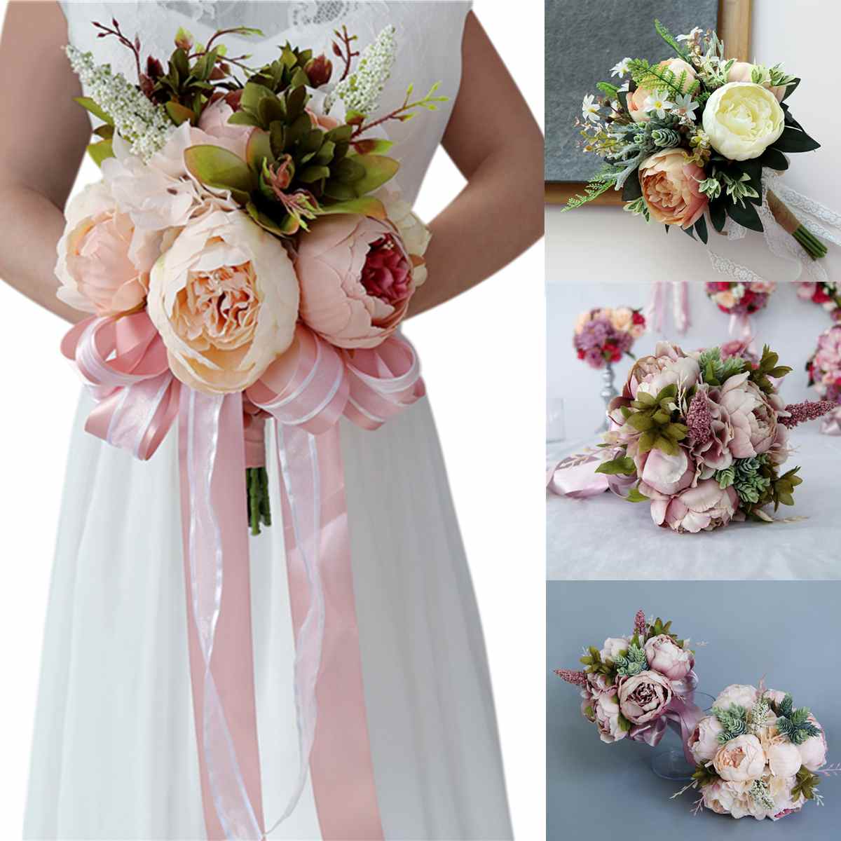 Bride holding flowers Romantic Wedding Flower Bridal Bouquet For Bride Bridesmaids Pink Champagne Bouquet De Mariage