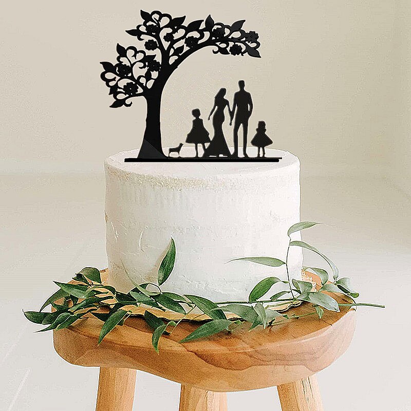 Coppia di topper torta anniverario matrimonio stile albero con 2 bambini sposa e sposo con animale domestico cane gatto ragazzi ragazze famiglia torta topper