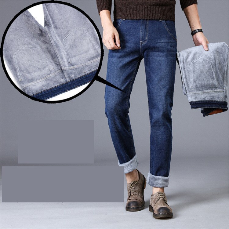 Mens Winter Fleece Jeans Lined Stretch Denim Warm Blue Jeans For Men Slim Fit Brand Trousers Pants Jeans 28-42
