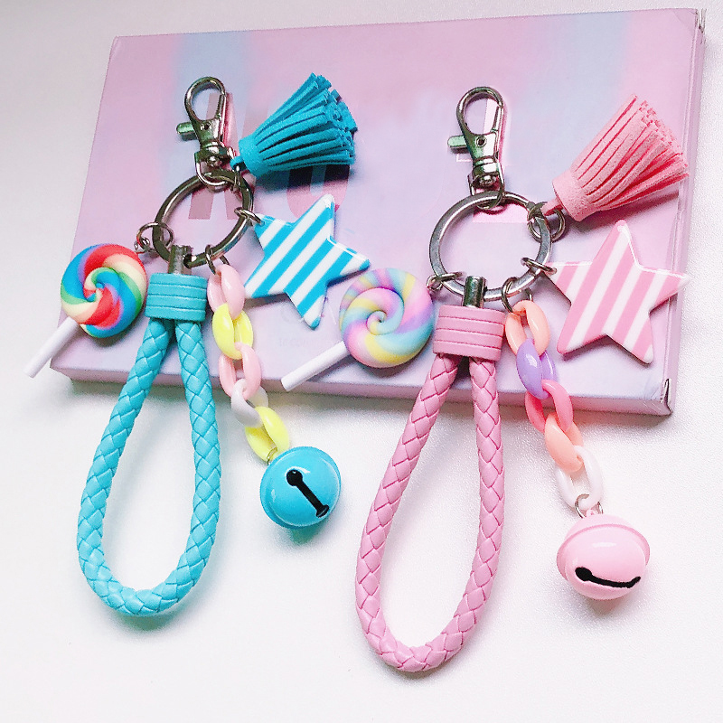 Porte-clés arc-en-ciel mignon, bracelet en cuir, corde tressée, pompon, pour femmes et filles, cloche étoile, sucette, accessoires de sac,