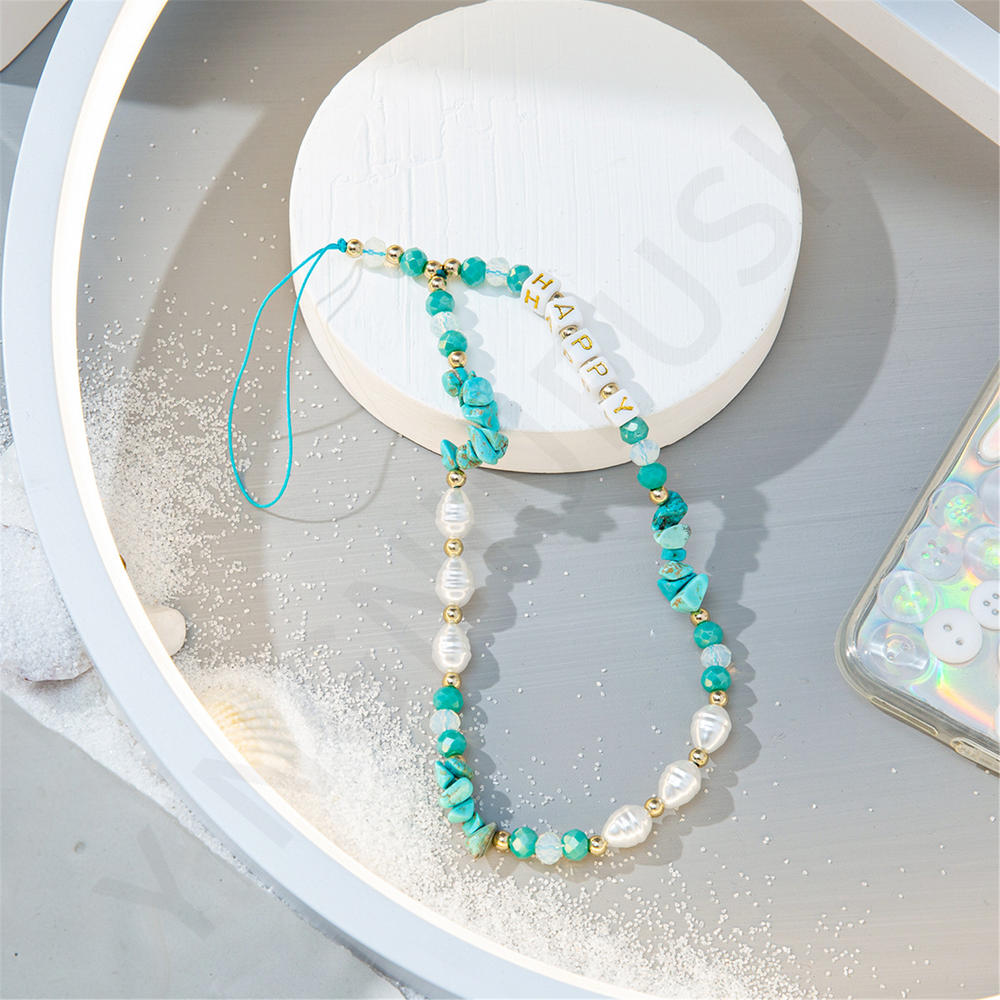 Trendy Stone Pearl Beads Mobile Phone Chain For Women Girls Cellphone Strap Anti-lost Lanyard Hanging Cord Jewelry: A
