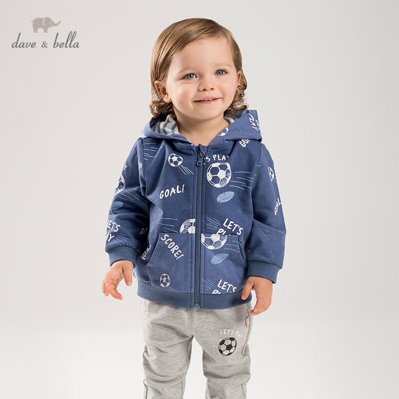 DBA16198 dave bella spring baby boys cartoon hooded pockets zipper coat children tops infant toddler outerwear