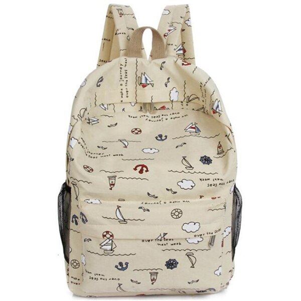 Yogodlns Canvas Doek Rugzak Voor Student Meisjes School Boek Schoudertas Reizen Vrouwen 'Knapzak Eenvoudige Zeilen Print Bagpack: Beige