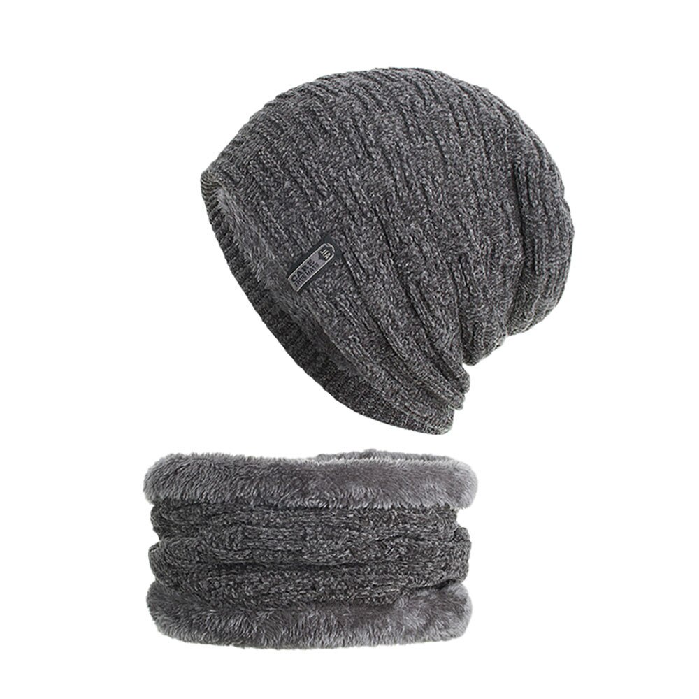 2 pièces Homme Chapeau Écharpe Ensemble tricotin czapka je komin шапка с шарфом Hiver Bonnet En Tricot Cache-oreilles Plus Velours Épais Foulard Chapeau # E: Gris