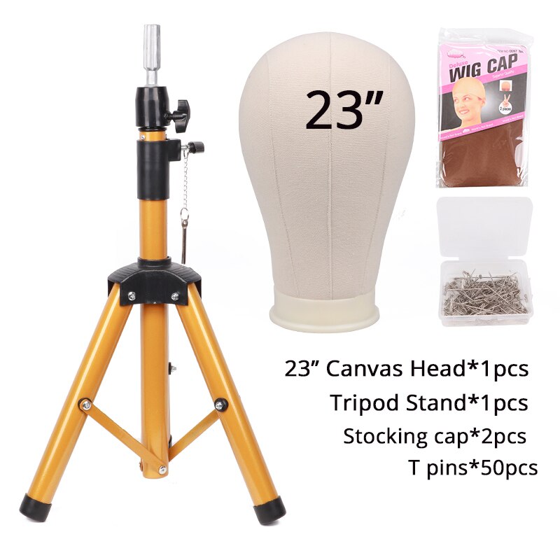 Nunify 21-25Inch Wig Tripod Stand And Canvas Head Wig Manikin Canvas Block Head Stand Aluminium Alloy Round And Mannequin Head: 23 Glod