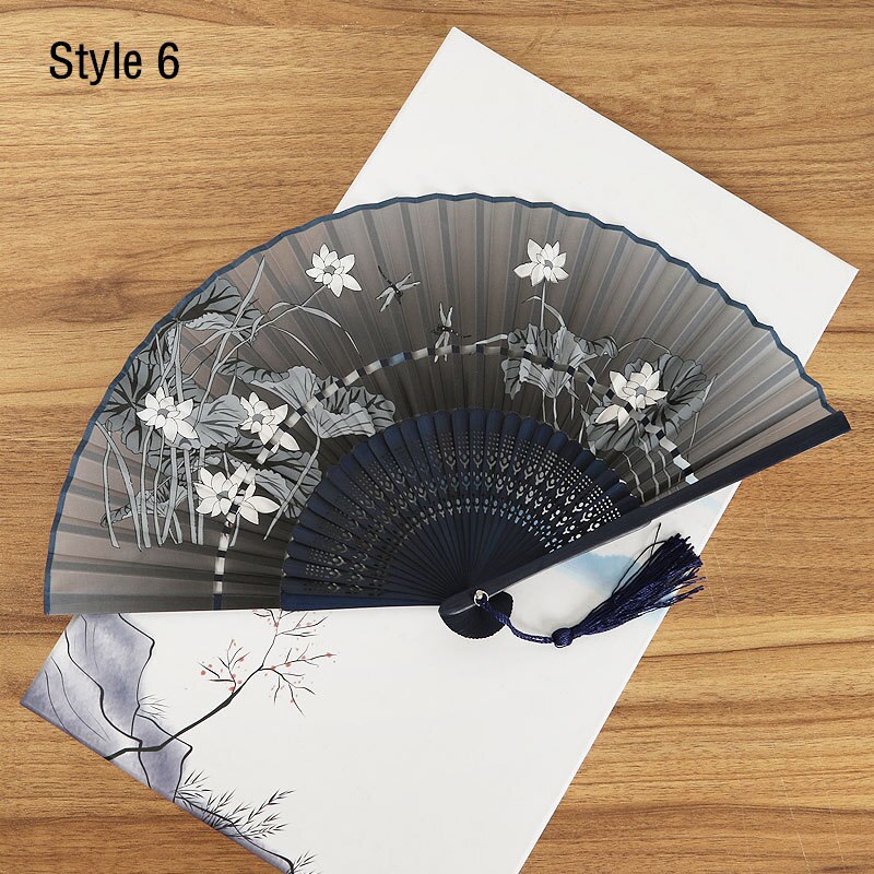 Chinese Style Carved Bamboo Craft Fan Two Sections Folding Silk Cloth Hand Fans Handmade Home Decoration: Style6