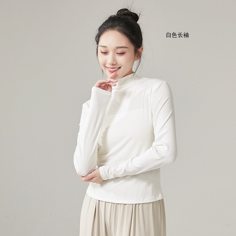 Women Modern Dancewear Long Sleeve High Neck Slim Costume Stage Performance Clothing China Practice Clothes Elastic Tops: S / Blue