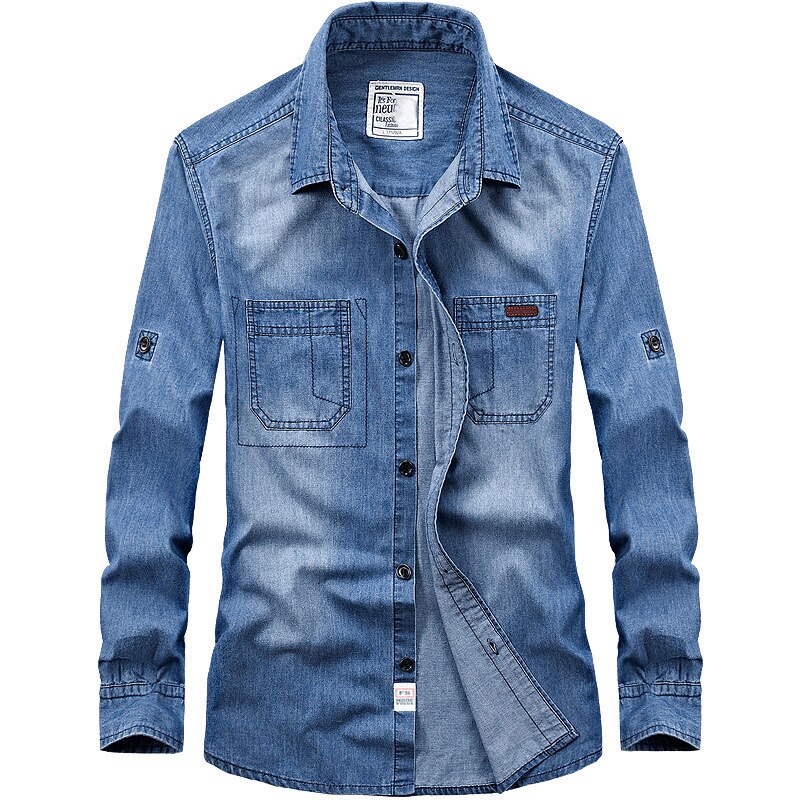 Vår europeisk herr casual stil cowboy svart skjorta man höst 100%  bomull klassisk denim blå långärmade skjortor: Lätt cowboy / Xxl
