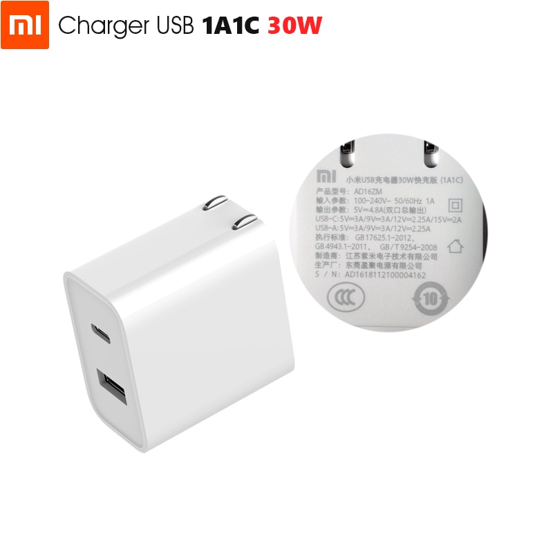 Cargador USB Original Xiaomi 1A1C 30W(Max), salida inteligente PD 2,0 QC 3,0, carga rápida tipo-c 5V = 3A 9V = 3A 15V = 2A 12V = 2,25a tipo A