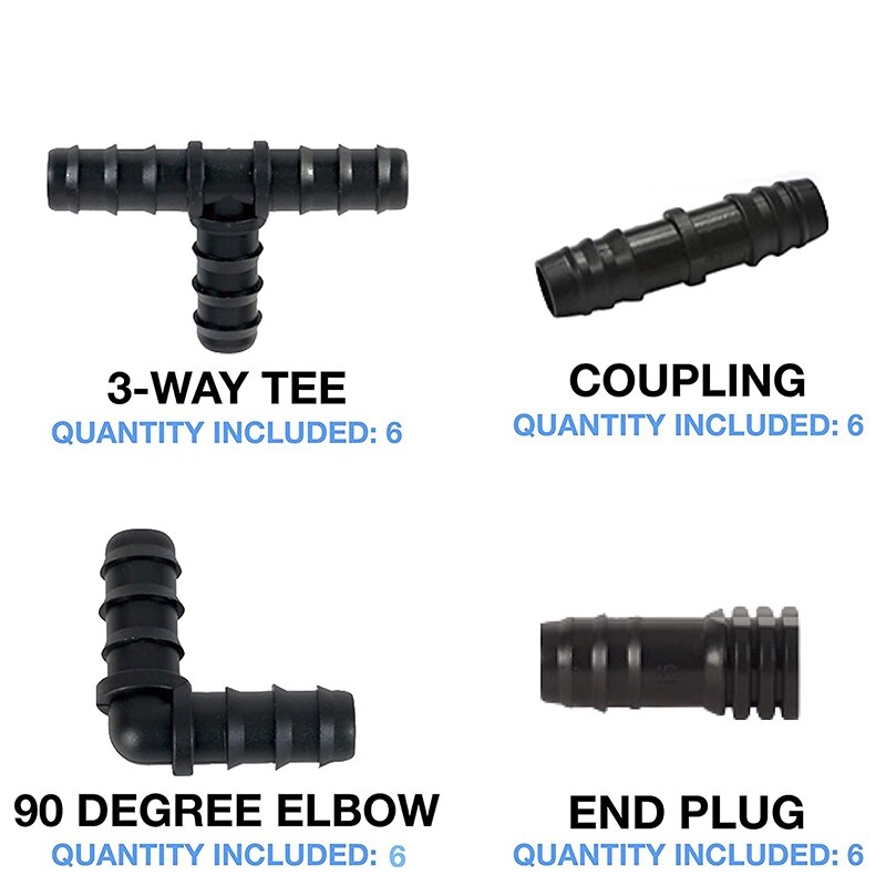 Irrigation Fittings Kit For Drip Tubing -6 Tees, 6 Couplings, 6 Ends, 6 Elbows - 16Mm Compatible Drip Sprinkler Systems