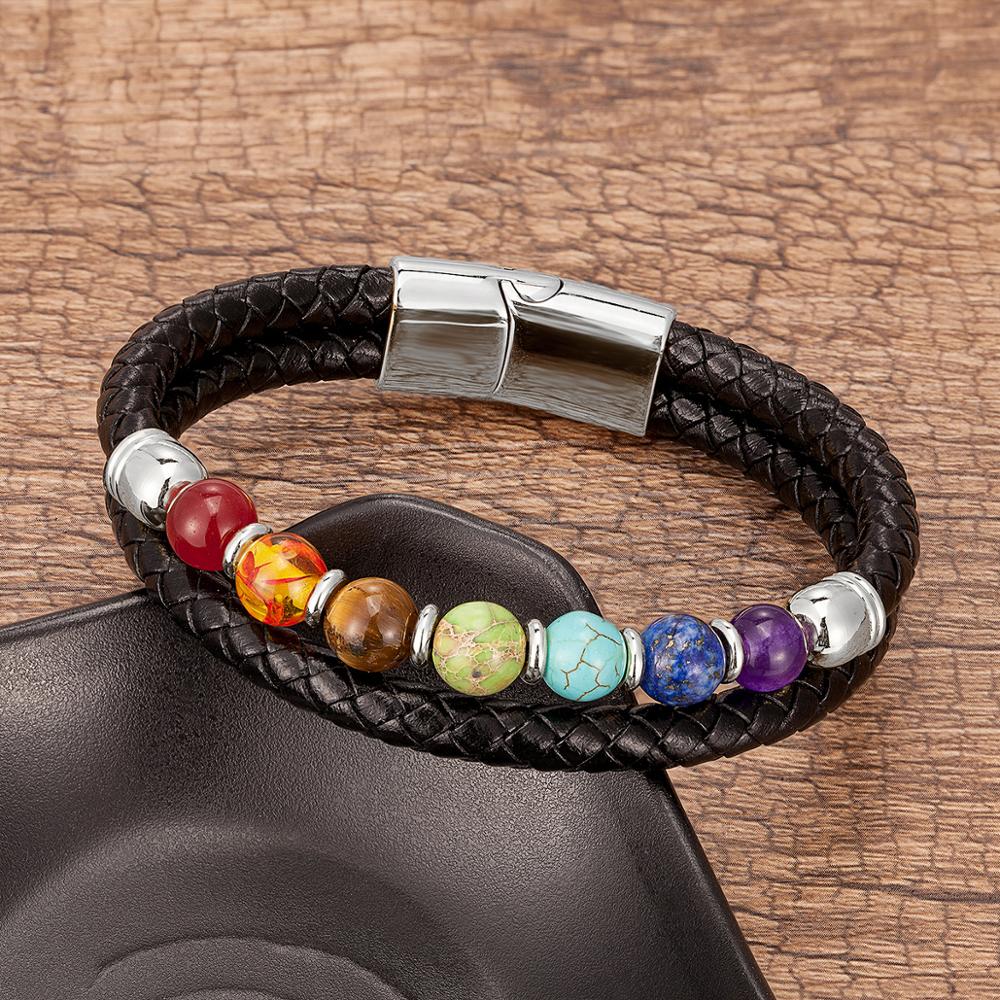 Di modo Naturale Perline di Pietra 7 Chakra Braccialetto Per Le Donne Degli Uomini In Acciaio Inox Braccialetti di Cuoio Genuino Dei Monili Regalo Di Natale: Silver-Style 2 / 19 centimetri