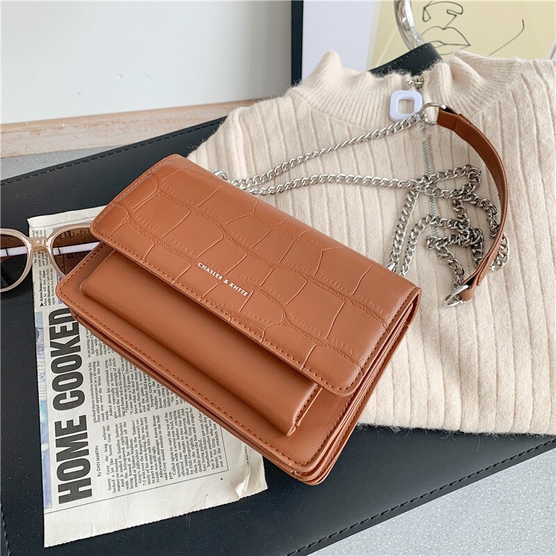 Winter Ketting Tas Dames Schoudertas Casual Kleine Vierkante Tas Steen Graan Messenger Bag Vrouwen Tas: Bruin