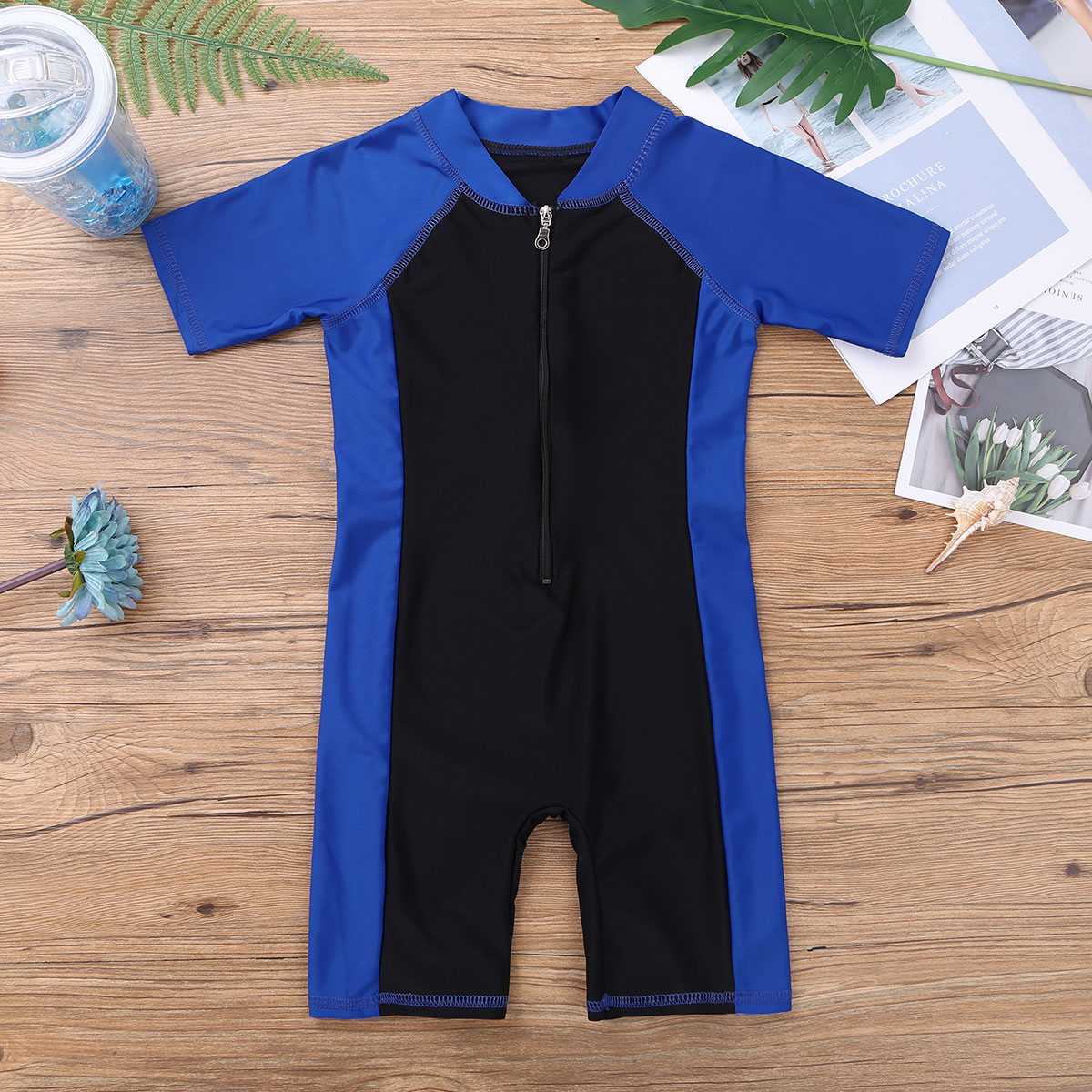 Maiô de verão para meninos e meninas, roupa de banho de uma peça com zíper frontal de mangas curtas para praia