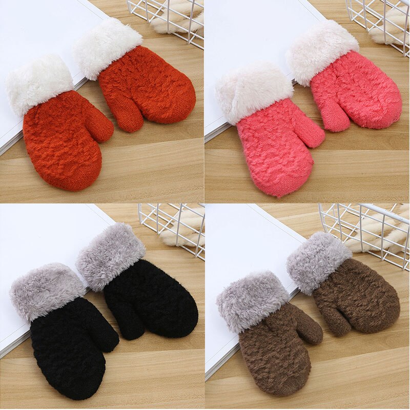 Kind Warme Handschoenen Winter Outdoor Effen Kleur Volledige Vinger Handschoenen Kids Pluche Dikker Wanten Unisex Meisjes Jongens Gebreide Handschoenen