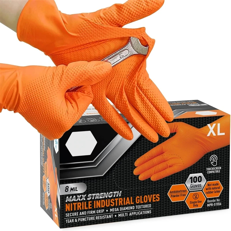 Guantes desechables Guantes de nitrilo naranja resistentes 8 mil industriales con agarre con textura de diamante para seguridad mecánica y guantes de trabajo