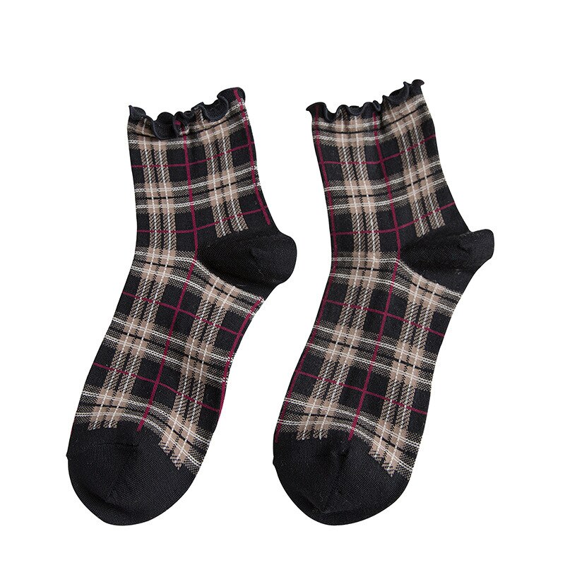 Zomer Korte Sokken Vrouwen vezelig zelfkant Meisjes Student College Stijl Retro Ladylike Stijl JP Katoen Jonge dame plaid Ruche Fun