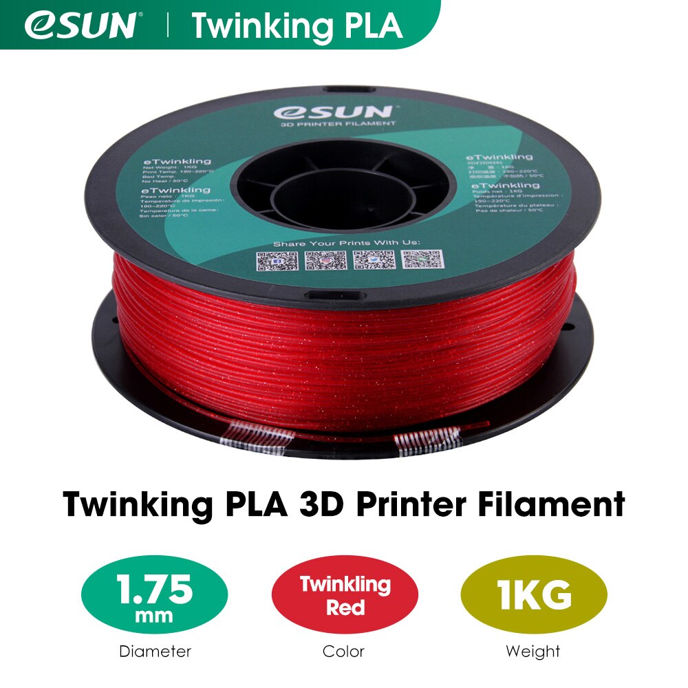 eSUN Twinkling PLA Filament 1.75mm Glitter PLA 3D Printer Filament 1KG (2.2 LBS) Spool 3D Printing Materials for 3D Printers: Red