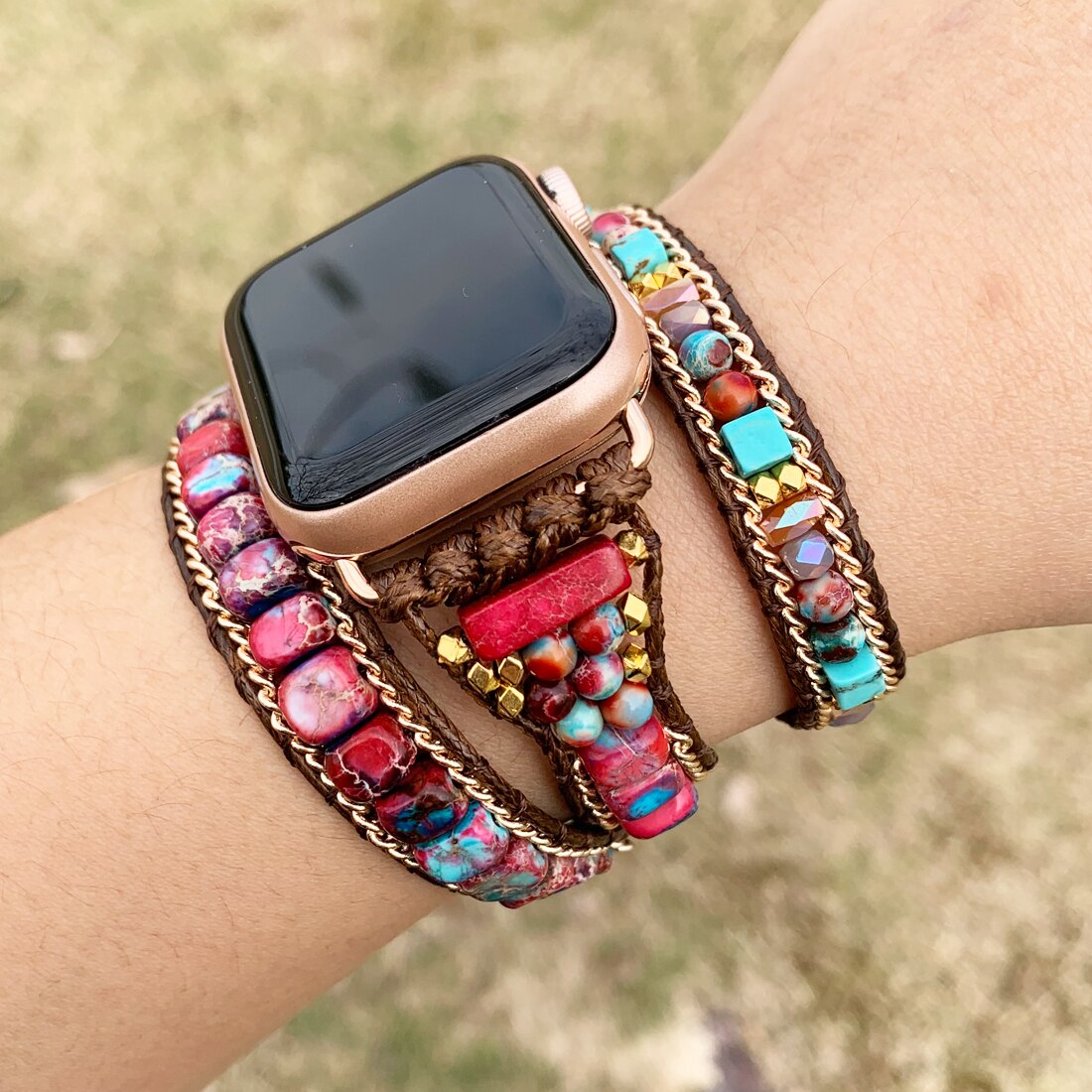 Bracelet en pierre de jaspe impérial, pour Apple Watch, Boho, perles, 3 enveloppes de cire, Bracelet Vegan, de noël
