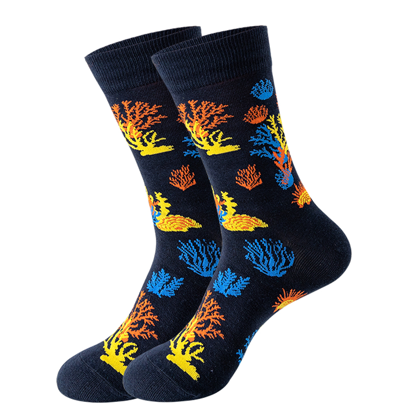 Nuevos calcetines de para hombre Harajuku japonés calcetines de dibujos animados felices caballito de mar cangrejo camarones calcetines de Coral tendencia medias masculinas calcetines divertidos: Dorado