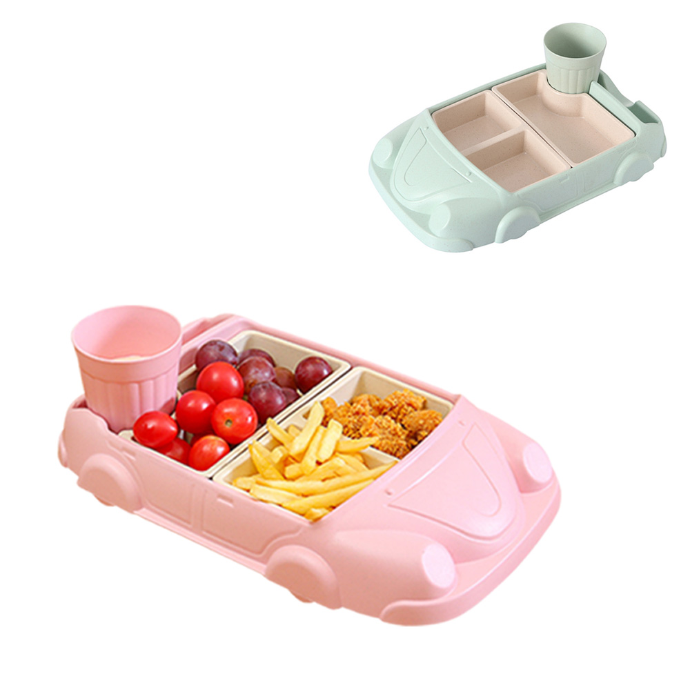 Plato dispensador de platos de coche de dibujos animados para bebé, vajilla para niño, juego de alimentación de fibra de bambú, tazón, utensilios, accesorios de comida