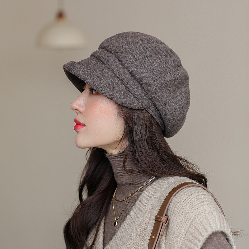 Octagonal Hat for Women Cotton Polyester Material Solid Color Retro Curled Short Brim Dome Simple and Beret Women's Hat