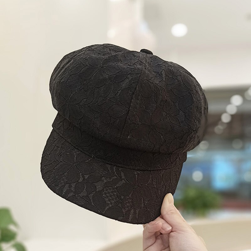 Foux Newsboy Caps Summer Spring Women Lace Thin Pure Color Breathable Baker Boy Painter Hat Adjustable Korea Japanese: black