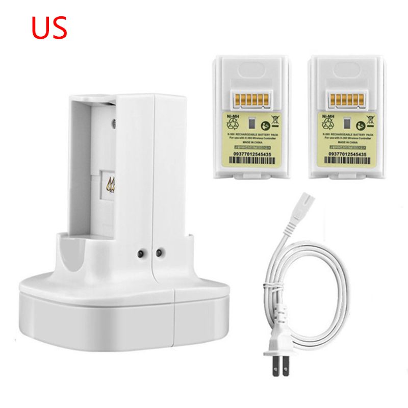 1 pc dubbelladdare laddningsstation med laddningsbart batteri us/eu-kontakt nätsladd för xbox 360 spelkontrolltillbehör: W-oss